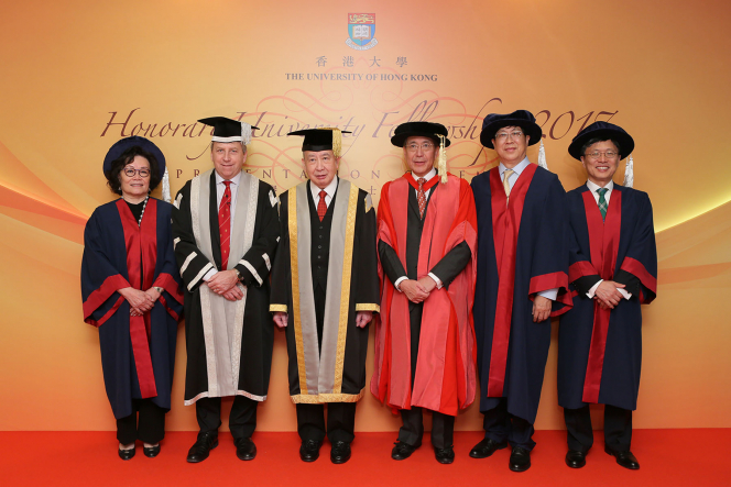 (From left) Professor Grace TANG Wai King, President Professor Peter Mathieson, Pro-Chancellor Dr David Li Kwok Po, Council Chairman Professor Arthur Li Kwok Cheung, Mr Godfrey NGAI Shing Kin and Dr Harry SHUM Heung Yeung.