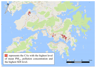 Constituency areas with both the highest level of PM2.5 pollution concentration and the highest level of Social Deprivation Index.