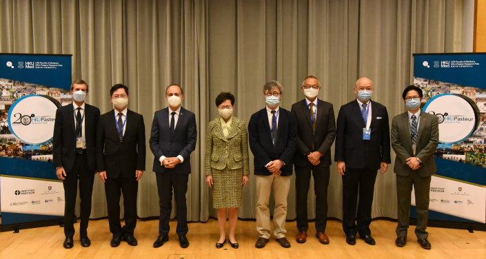 The attendance of the ceremony to celebrate HKU-Pasteur Research Pole’s 20th Anniversary includes (from left to right): Professor Roberto Bruzzone, Co-Director at HKU-Pasteur Research Pole, Mr Alfred Sit, Secretary for Innovation & Technology, Mr Alexandre Giorgini, Consul General of France in Hong Kong and Macau, the Honorable Mrs Carrie Lam Cheng Yuet-ngor, the Chief Executive of the Hong Kong Special Administrative Region, Professor Alfonso Ngan, Acting Vice-President & Pro-Vice-Chancellor (Research) of the University of Hong Kong, Professor Keiji Fukuda, Director of the School of Public Health, Li Ka Shing Faculty of Medicine of the University of Hong Kong, Mr Leo Kung, Executive Vice President, Bangkok Bank (former Chairman, Pasteur Foundation Asia) and Professor Leo Poon, Co-Director at HKU-Pasteur Research Pole.

 