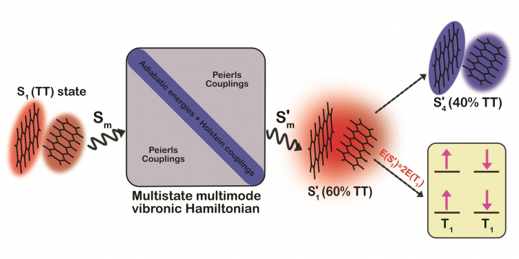 Image 2. The computational setup of the vibronic Hamiltonian for singlet fission of pentacene that accounts for interaction between six lowest singlet states and vibrational modes. Image credit: Reproduced from Ref. Chem. Sci. 2021 10.1039/d1sc01703a with permission from the Royal Society of Chemistry.