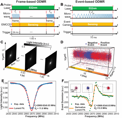 實驗演示，包括使用基於幀的A、C、E 和基於事件的感測器B、D、F 分別進行的測量時序圖、原始資料和獲得的ODMR光譜（取自測量區域的中心位置）。F中的插圖展示了在三個不同頻率點上累積“事件”（1ms範圍內的事件）的原始事件幀。 E和F中的光譜分別使用洛倫茲函數及其導數函數進行擬合，從中提取出共振頻率f0（f0*為前向和後向微波頻率掃描結果的平均值；誤差為10次重複測量的標準差）
